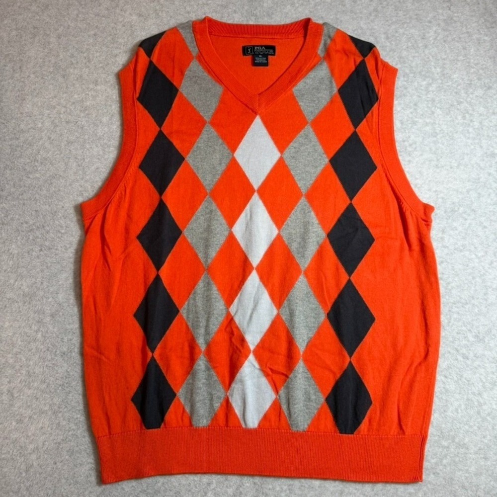 PGA Tour Mens Classic Argyle Golf Sweater Vest Orange V-Neck XL RN37763 - Picture 2 of 8